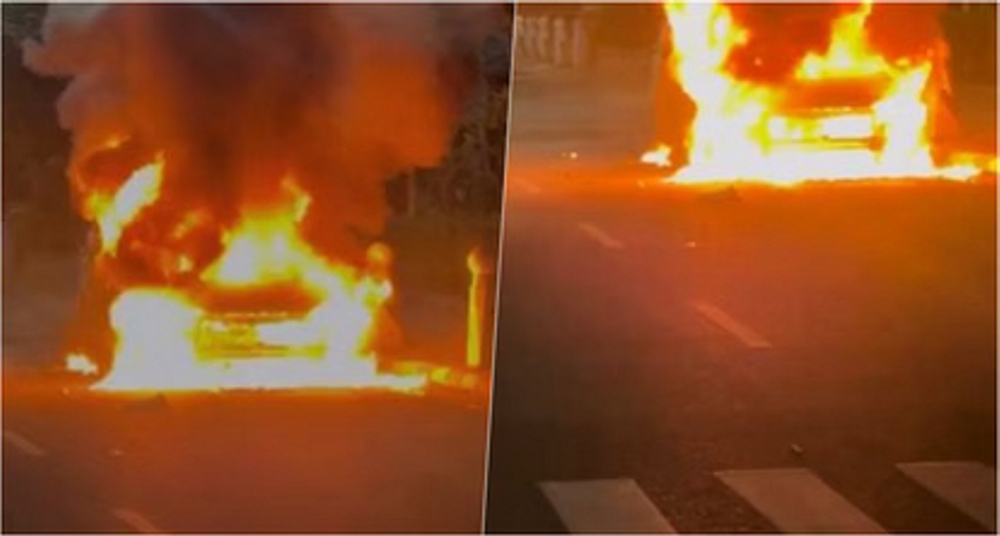 चलती सीएनजी टैक्सी में लगी भीषण आग, मिनटों में जलकर राख